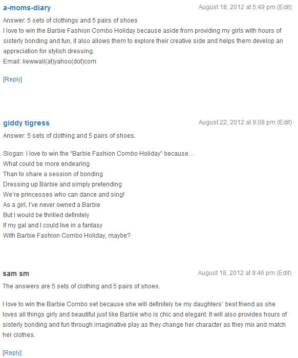 Barbie Fashion Combo Holiday Winner Comments